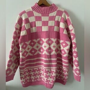 MIA Vtg 90s Pink and Cream Checkers Stripes Geometric Cotton Sweater- Large
